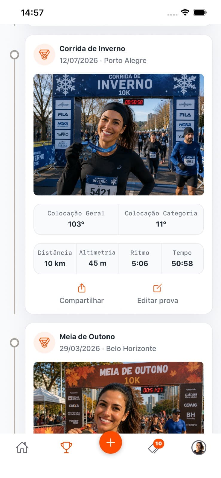Histórico de provas concluídas com foto, colocação, distância, ritmo e tempo